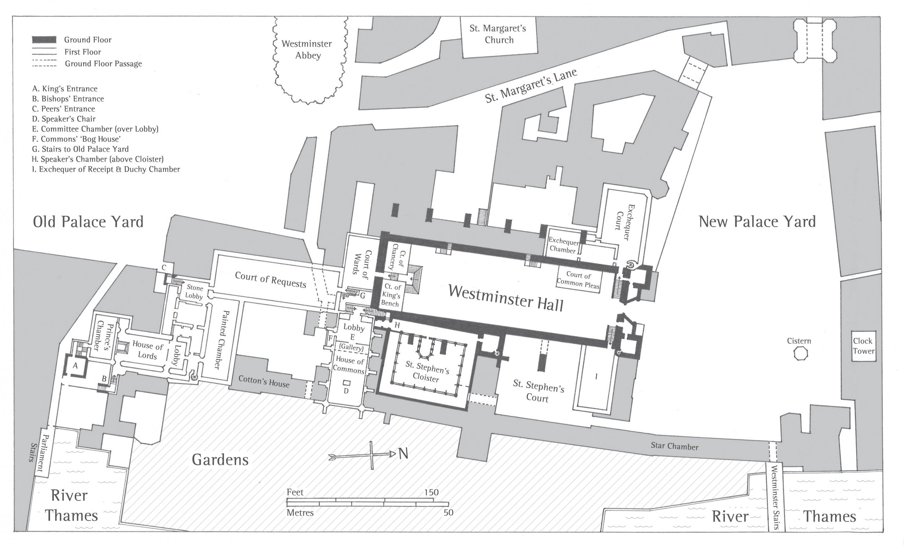Conjectural plan of the Palace of Westminster in the early seventeenth century